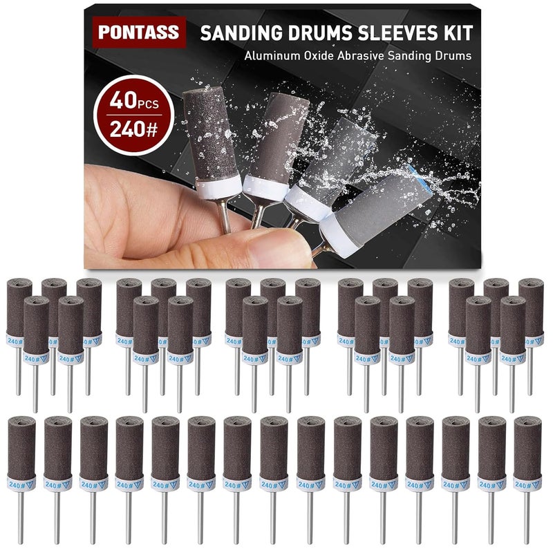 PONTASS 240 Grit 40 PCS Sanding Drums for Dremel Rotary Tools Accessories, Sanding Bits Kit for Dremel Sanding Bands with 1/8 inch Shank, Sandpaper Sticks Set for Plastic Wood Metal Grinding Polishing - Image 1
